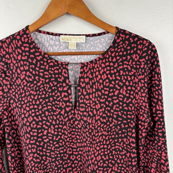 Michael Kors Shirt Womens M Black Red Leopard  Spot Long Sleeve Keyhole Stretch - Picture 3 of 8